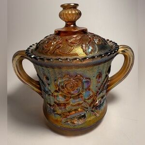 Imperial Glass Carnival Glass “Open Rose” Covered Sugar Bowl –Marigold IG Marked